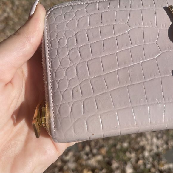 Auth Saint Laurent Round Zipper Long Wallet Croco Embossed YSL Logo Gold - Picture 5 of 12